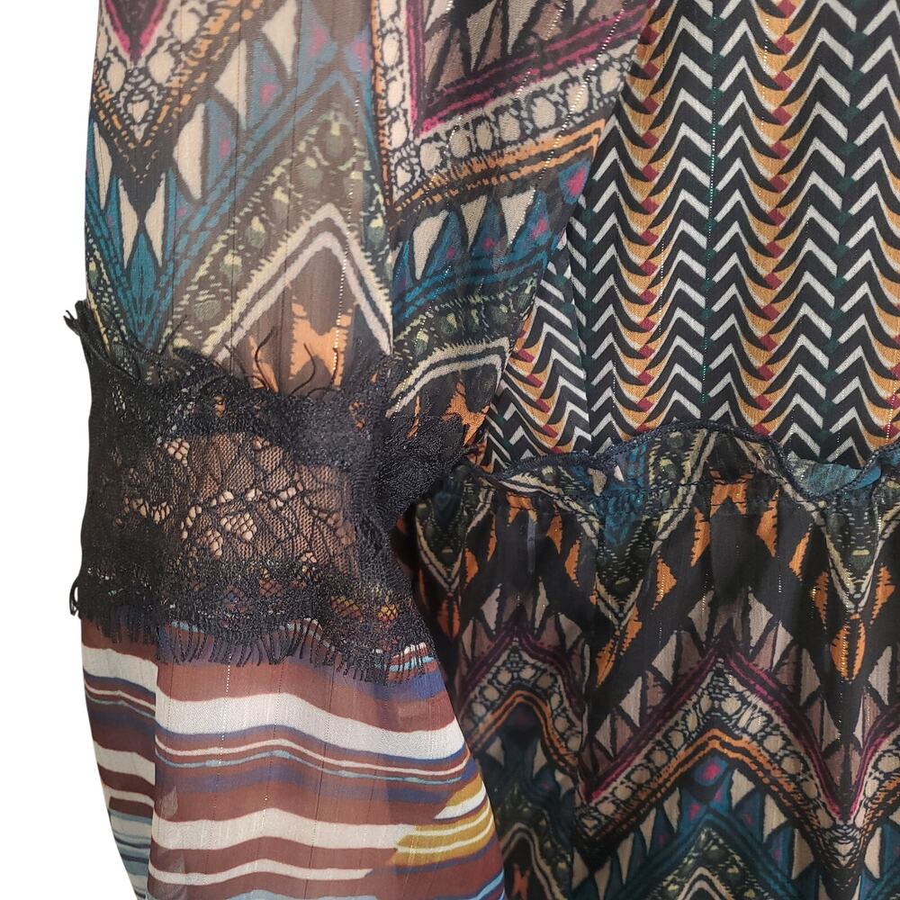 Desigual Lena Boho Patchwork Tiered Mini Dress Sheer Lace Inset Mixed Print US 6